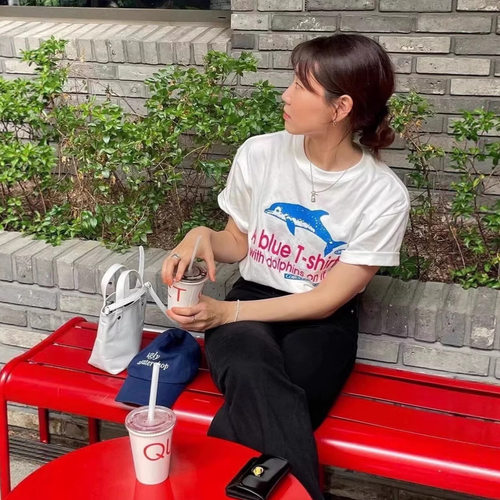 韩国小众潮牌Teket海豚字母印花车静媛同款圆领短袖T恤休闲百搭女