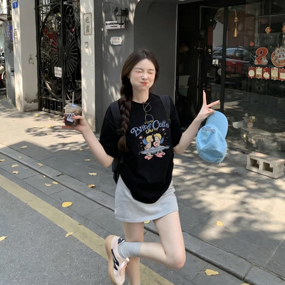 韩国潮牌Bitter Cells丘比特天使卡通字母印花圆领短袖宽松t恤女