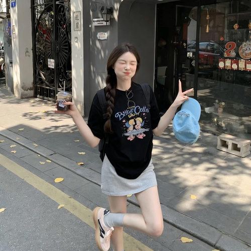 韩国潮牌Bitter Cells丘比特天使卡通字母印花圆领短袖宽松t恤女