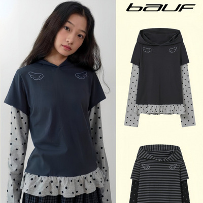 韩国小众潮牌bauf连帽波点条纹长袖T恤女新款拼接假两件连帽上衣
