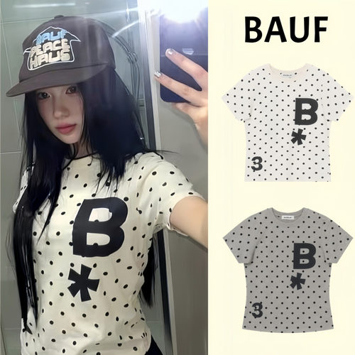 韩国小众潮牌bauf字母波点短袖女修身显瘦韩系短款辣妹T恤上衣女