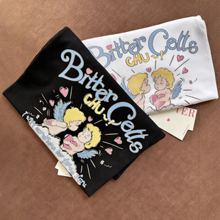 卡通印花宽松T恤女 s丘比特天使小众短袖 韩国bi erce