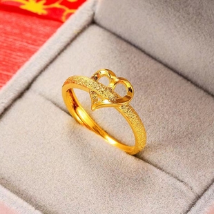 一心一意爱心18K黄金色戒指999真金色磨砂开口精美女戒女士金戒指