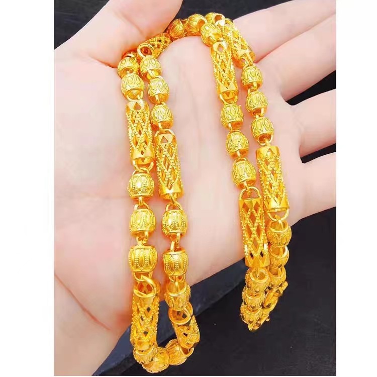 18k黄金色项链 男士圆珠柱链加厚霸气999真金色时尚精美