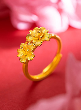 18K黄金色戒指 复古双花朵活口指环999真金色文艺小众女