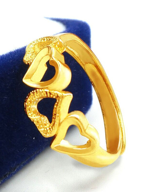 18k黄金色戒指 海洋之心爱心相印999真金色可调节女士