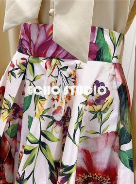 法式浪漫 意大利度假风 360°chao大摆 印花高腰半身长裙绸缎