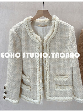 24新款 手工流苏边订制粗花呢面料毛边修身羊毛短外套上衣