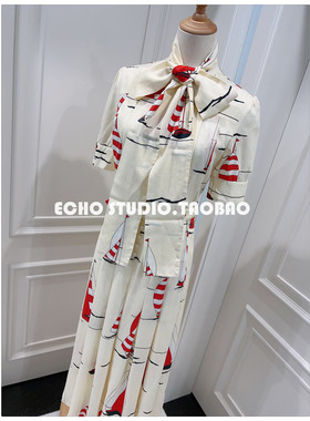 原1980 天生女神 篙定帆船印花蝴蝶结飘带复古学院风连衣裙亚麻