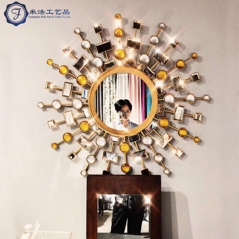 北欧太阳圆镜壁挂墙式美式壁炉镜铁艺客厅餐厅背景墙玄关装饰镜子