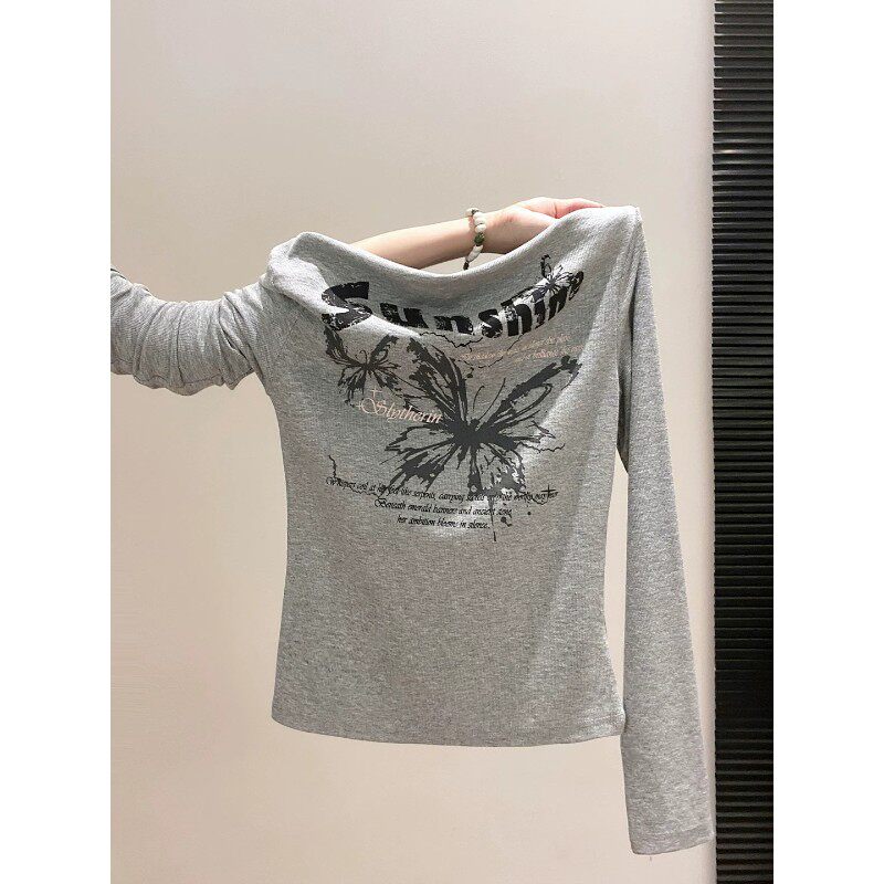 复古蝴蝶字母印花一字肩长袖t恤女早秋新款纯欲修身显瘦露肩上衣