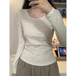花灰色正肩长袖t恤女秋冬简约修身显瘦加绒磨毛内搭U领打底衫上衣