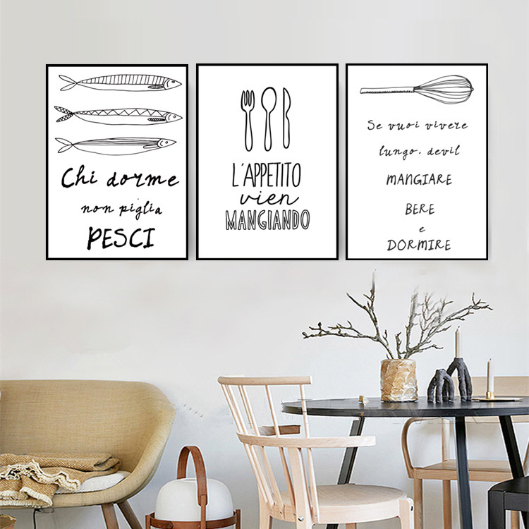 餐厅装饰画北欧风客厅现代简约黑白字母挂画厨房意大利语抽象壁画