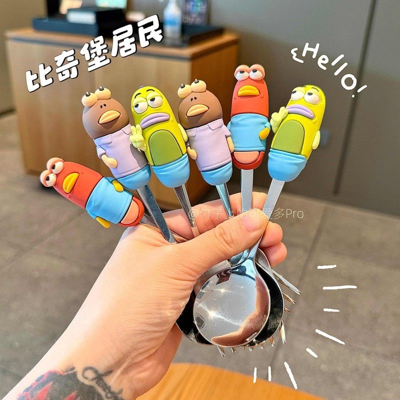 创意比奇堡居民卡通PVC叉勺筷套装趣味可爱餐具手柄防烫小丑鱼勺