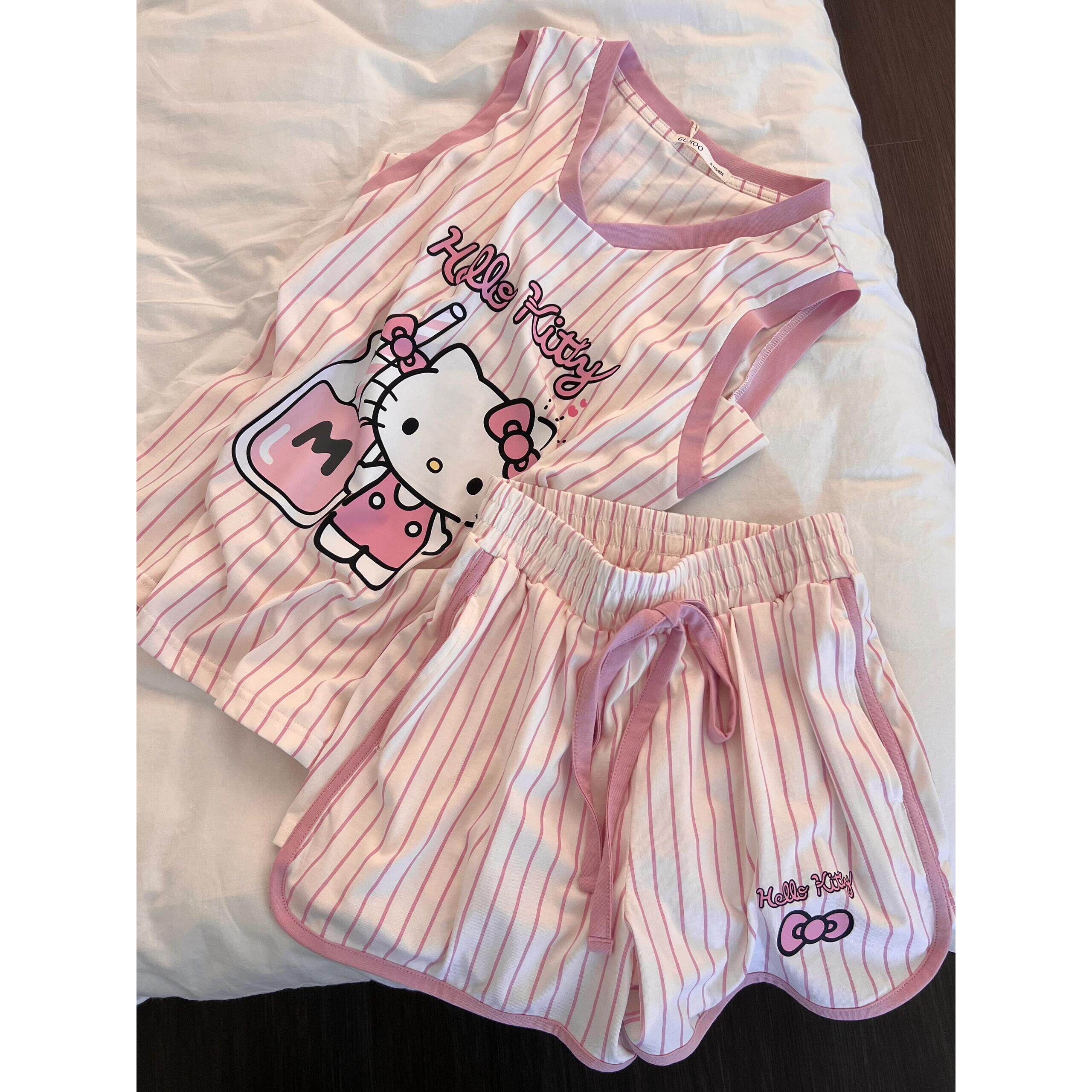 粉色可爱Hellokitty睡衣女夏季新款休闲无袖短裤时尚竖条纹家居服