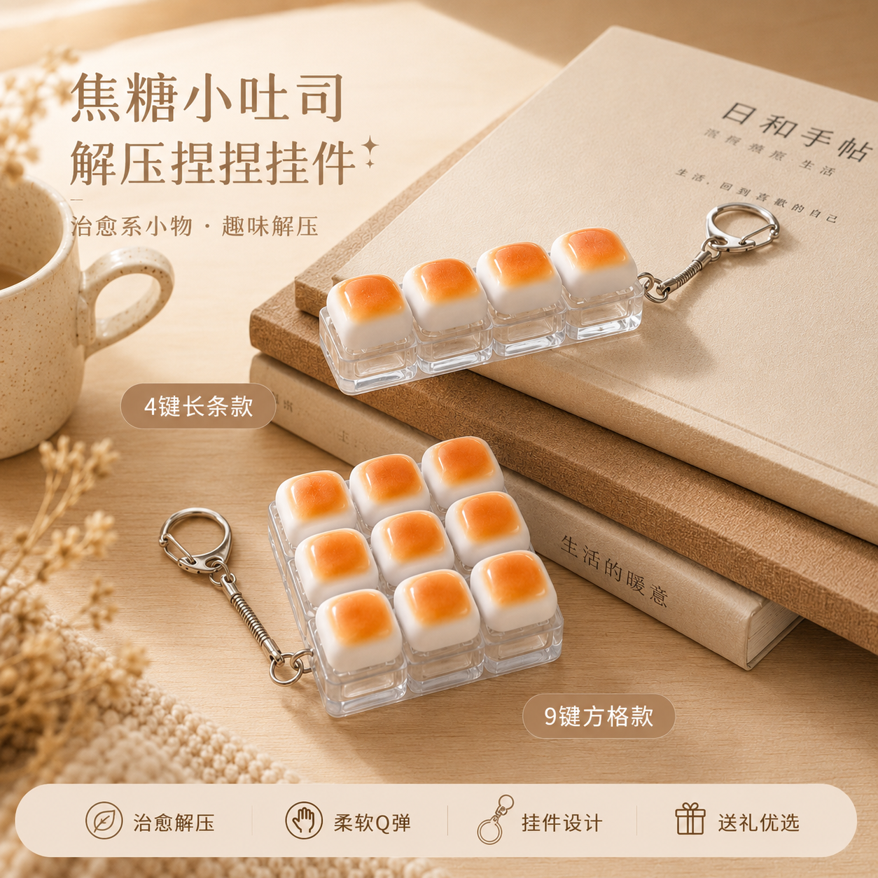跨境试轴器焦糖面包按键减压手指小玩具书包挂件办公室解压挂件
