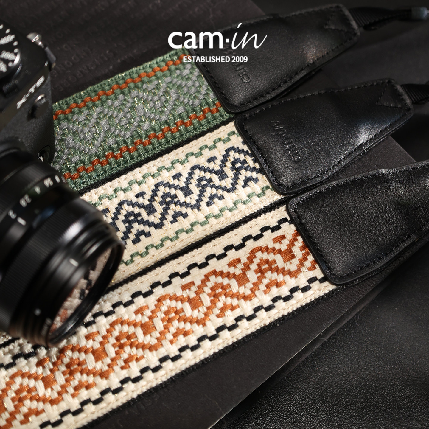 cam·in 相机背带新品绣花挂绳适用佳能尼康富士索尼单反斜挎肩带