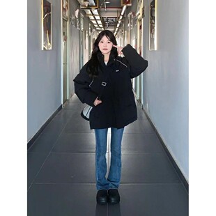 韩版学院风黑色字母印花潮牌棉服女学生加厚复古宽松面包服外套潮