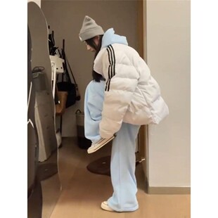韩系甜美潮牌立领白色面包服外套女学生冬季侧边三杠条纹棉衣棉服