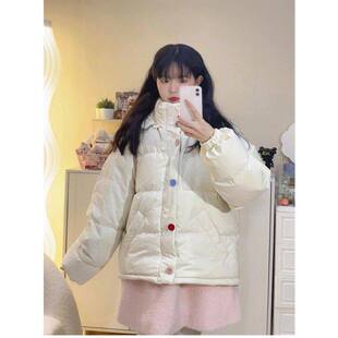 甜美可爱设计感彩色扣连帽棉服外套女冬季新款宽松加厚保暖面包服