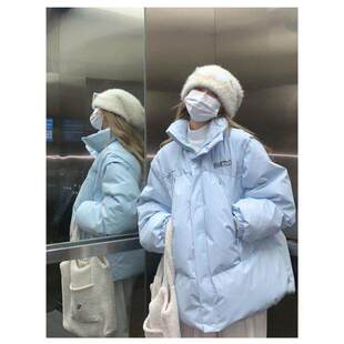 韩版设计感蓝色刺绣加厚棉服女冬季新款ins立领保暖学生棉衣外套