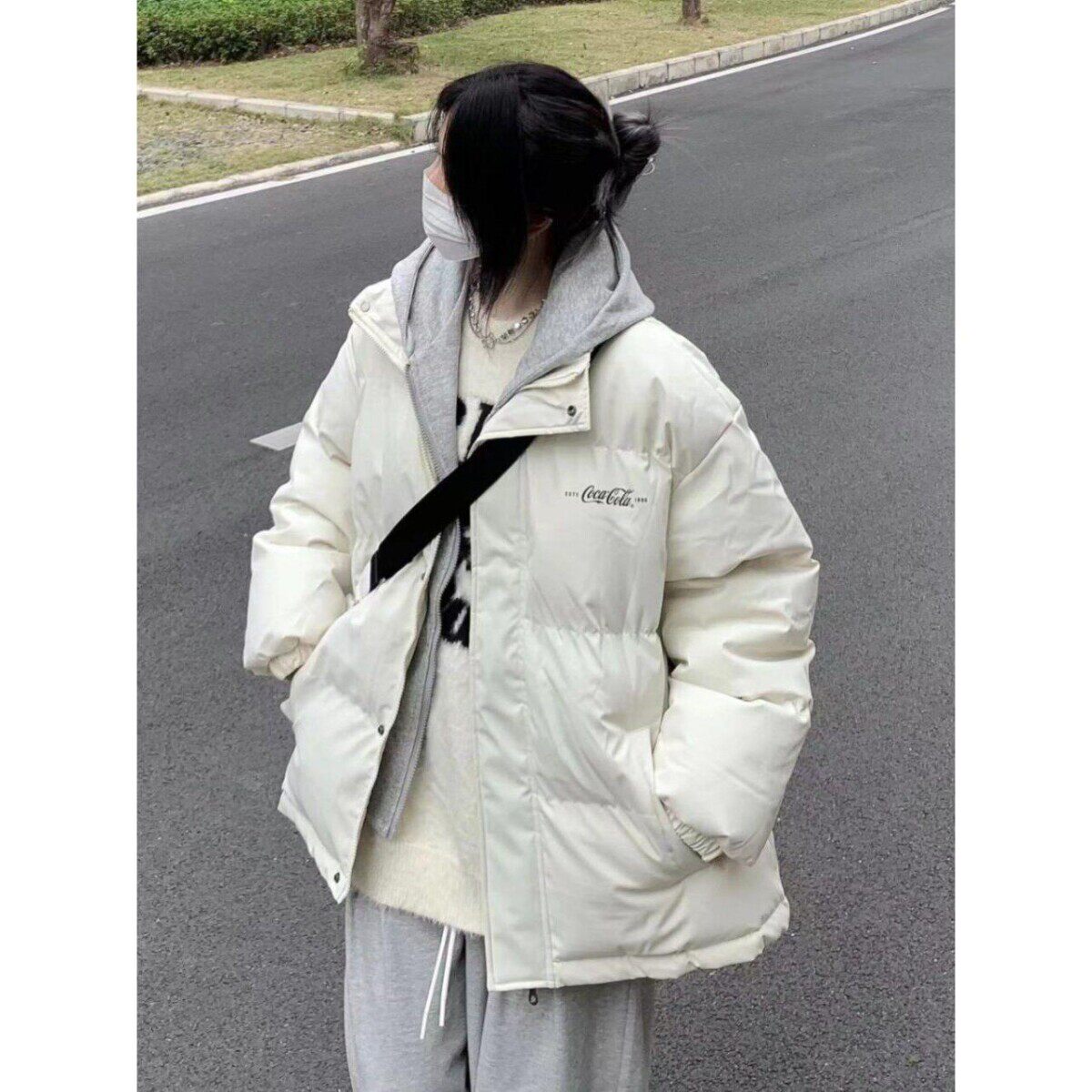 韩版撞色假两件连帽棉衣外套女冬季新款加厚宽松保暖防寒学生棉服