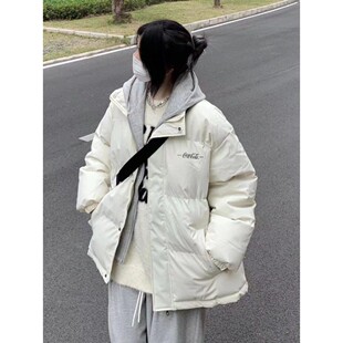 韩版撞色假两件连帽棉衣外套女冬季新款加厚宽松保暖防寒学生棉服