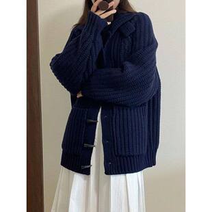 日系甜美风牛角扣高领针织开衫女秋冬季慵懒风百搭套头毛衣