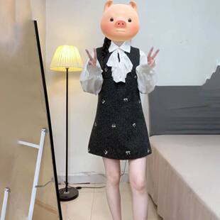 韩系甜美学院风蝴蝶结刺绣背心连衣裙女学生秋冬镂空衬衫两件套