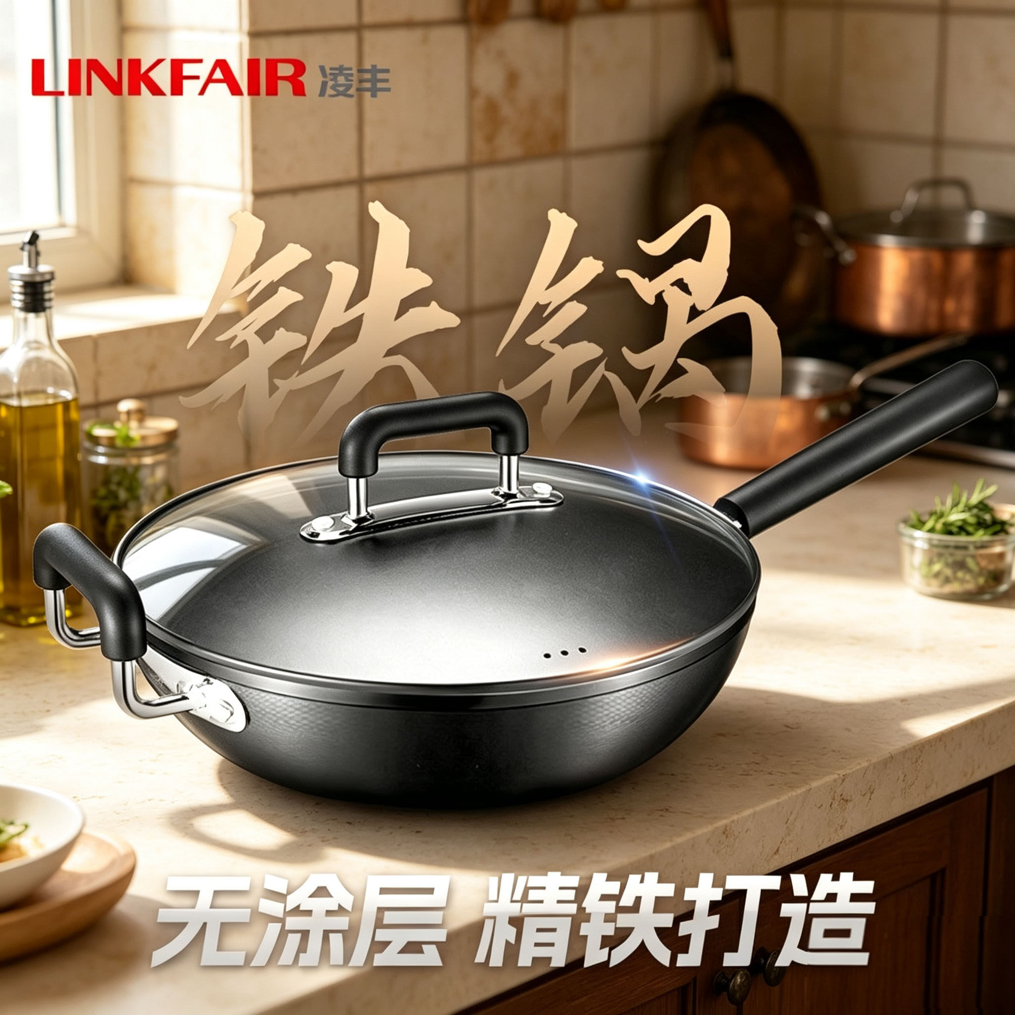 凌丰炒锅无涂层铁锅家用生铁不粘燃气电磁炉灶炒菜锅