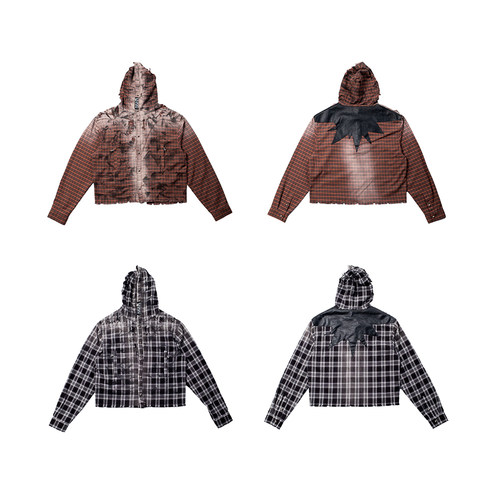 FVVO Distressed Hooded Plaid Shirt FVVO破坏格纹连帽衬衫