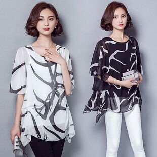 2025雪纺衫夏装大码假两件印花短袖中长款宽松喇叭袖上衣女装2025