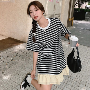 俏皮夏季新款韩版宽松慵懒风甜美气质减龄荷叶边鱼尾裙条纹连衣裙