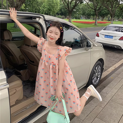 连衣裙夏季飞飞袖方领女装裙子中长款韩版宽松印花小清新夏装裙子