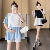 拼接娃娃衫 韩版 上衣托腹短裤 两件套孕妇装 孕妇装 套装 2024新款
