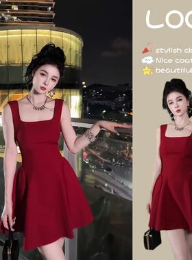 辣妹纯欲风方领无袖吊带连衣裙女收腰a字蓬蓬a字短裙夏季气质女装