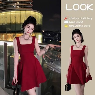 辣妹纯欲风方领无袖吊带连衣裙女收腰a字蓬蓬a字短裙夏季气质女装