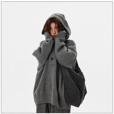 达蒙岛美式覆古慵懒风半开衫钮扣连帽毛衣男女宽松情侣针织衫外套