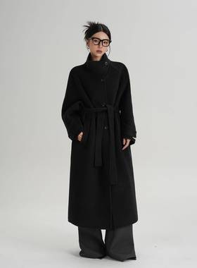 SRYS AME气质立领斜扣长款羊毛大衣双面呢子毛呢外套秋冬装新款女