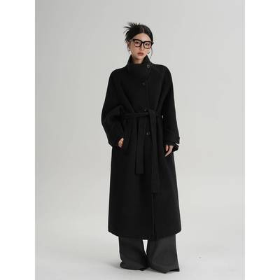 SRYS AME气质立领斜扣长款羊毛大衣双面呢子毛呢外套秋冬装新款女