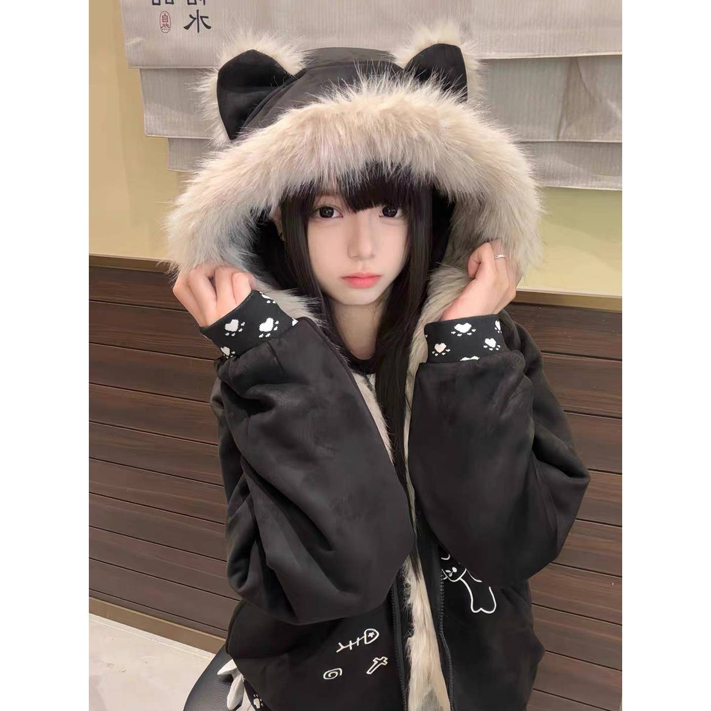 日系可爱猫耳朵座山雕棉服外套女冬季新款加厚保暖巨好看棉衣棉袄