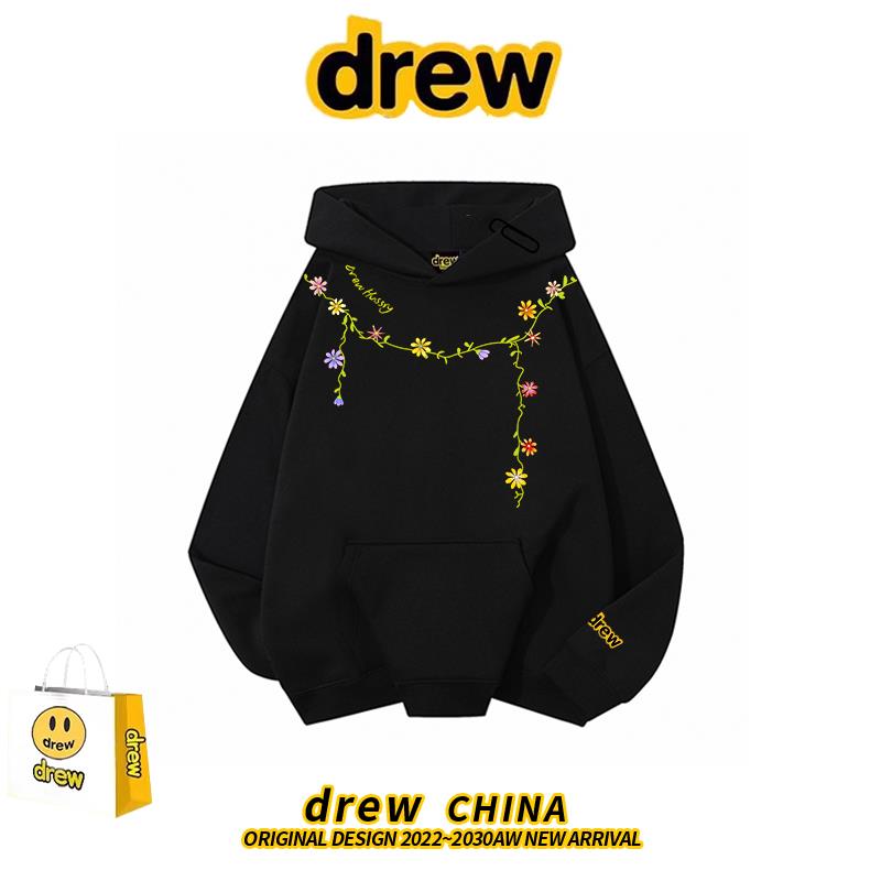 drew美式潮牌花卉项链小众设计连帽加绒卫衣男女高街宽松情侣帽衫
