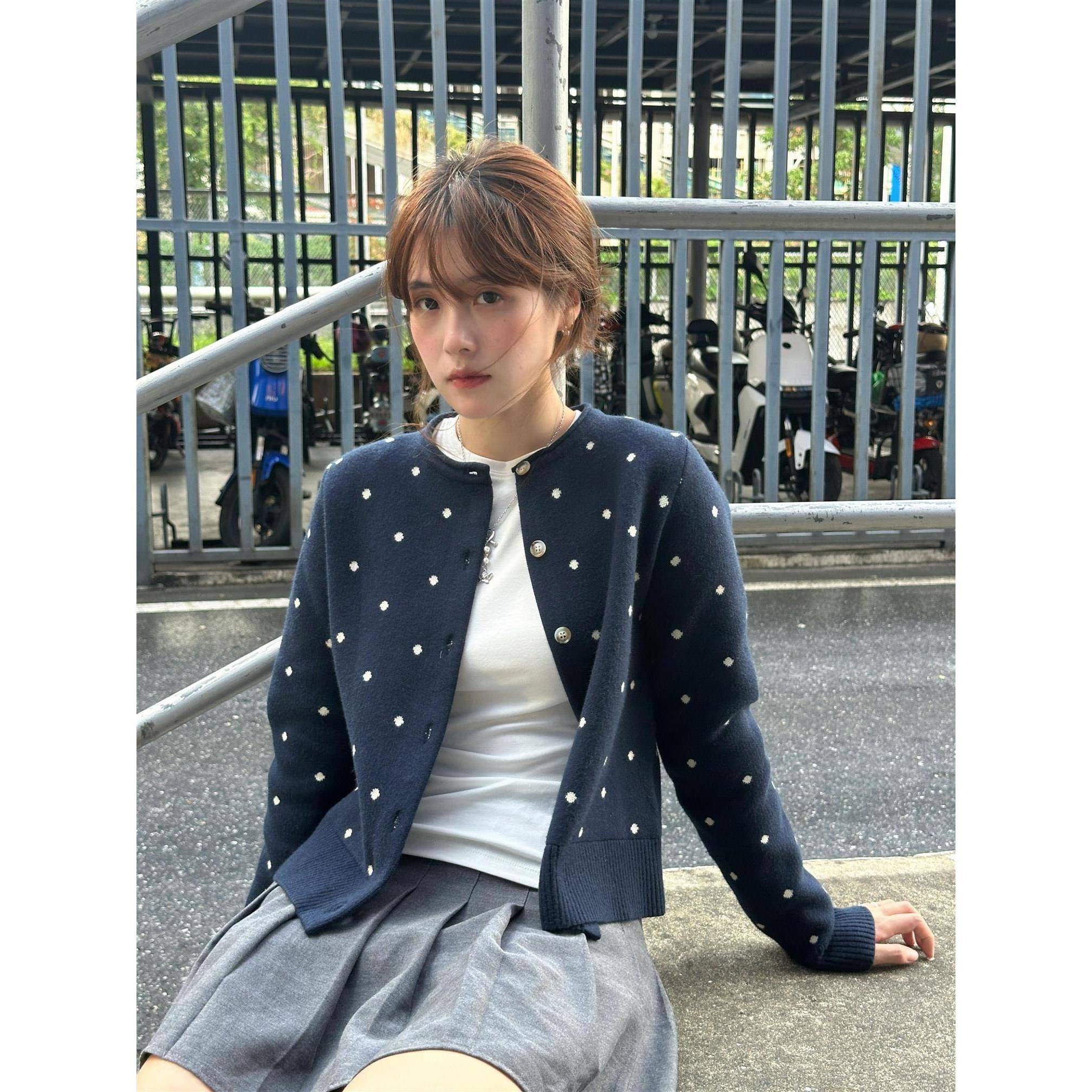 SAME OLD藏蓝色新款覆古波点满印毛衣针织开衫女外套百搭显瘦上衣