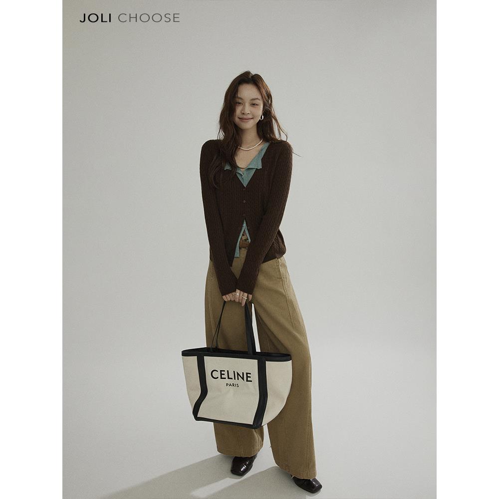 Joli Choose羊毛拼接假两件设计感毛衣开衫女新款小众V领针织衫