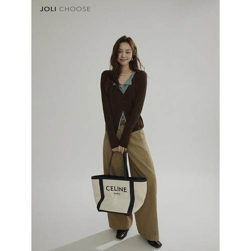 Joli Choose羊毛拼接假两件设计感毛衣开衫女新款小众V领针织衫