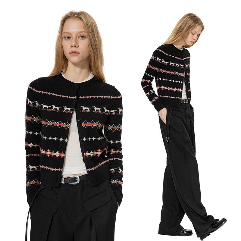 trou noir黑洞 秋冬新款小狗羊毛衫开衫短款费尔岛针织毛衣外套女