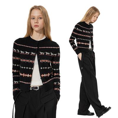 trou noir黑洞 秋冬新款小狗羊毛衫开衫短款费尔岛针织毛衣外套女