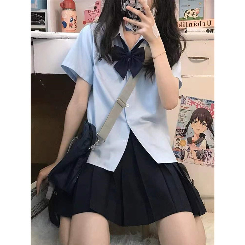 jk衬衫女夏季尖领短袖韩系校服jk制服班服学院风蓝灰色白色绀色裙
