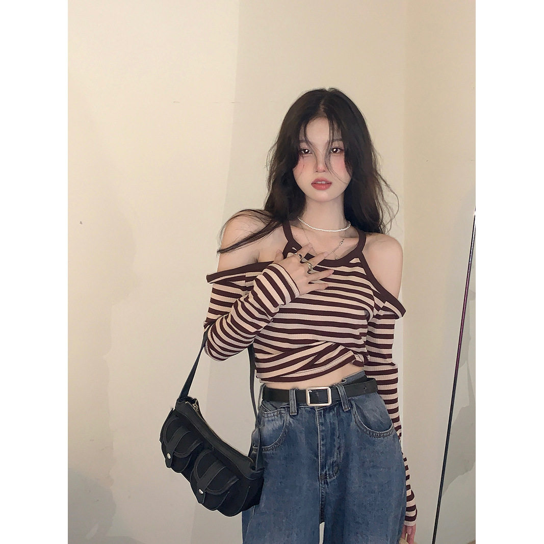 设计感露肩条纹T恤女2025秋季新款小众紧身长袖显瘦短款学生上衣