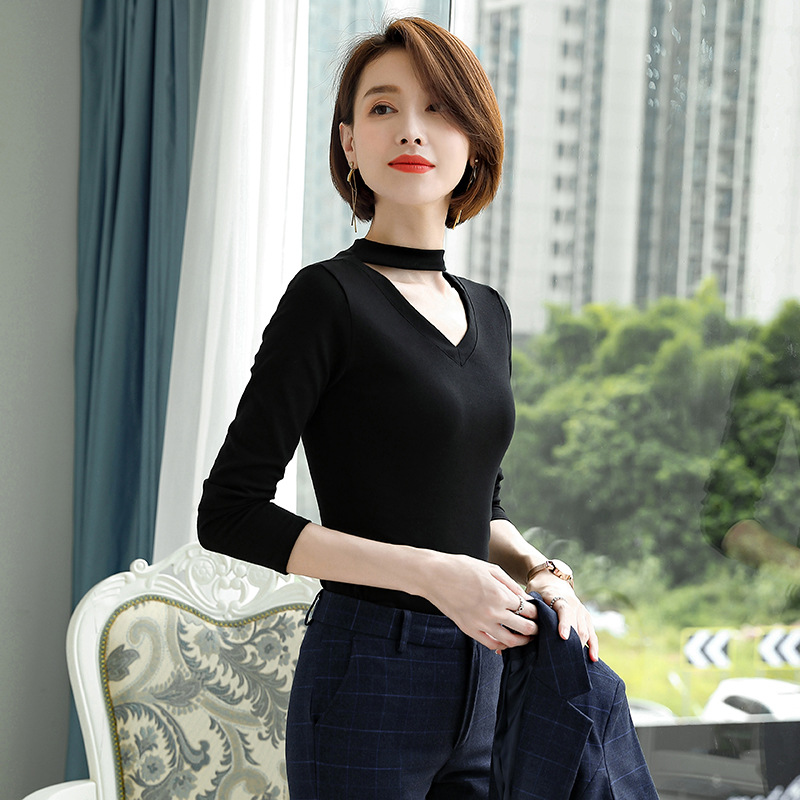 莫代尔挂脖长袖打底衫女上衣内搭